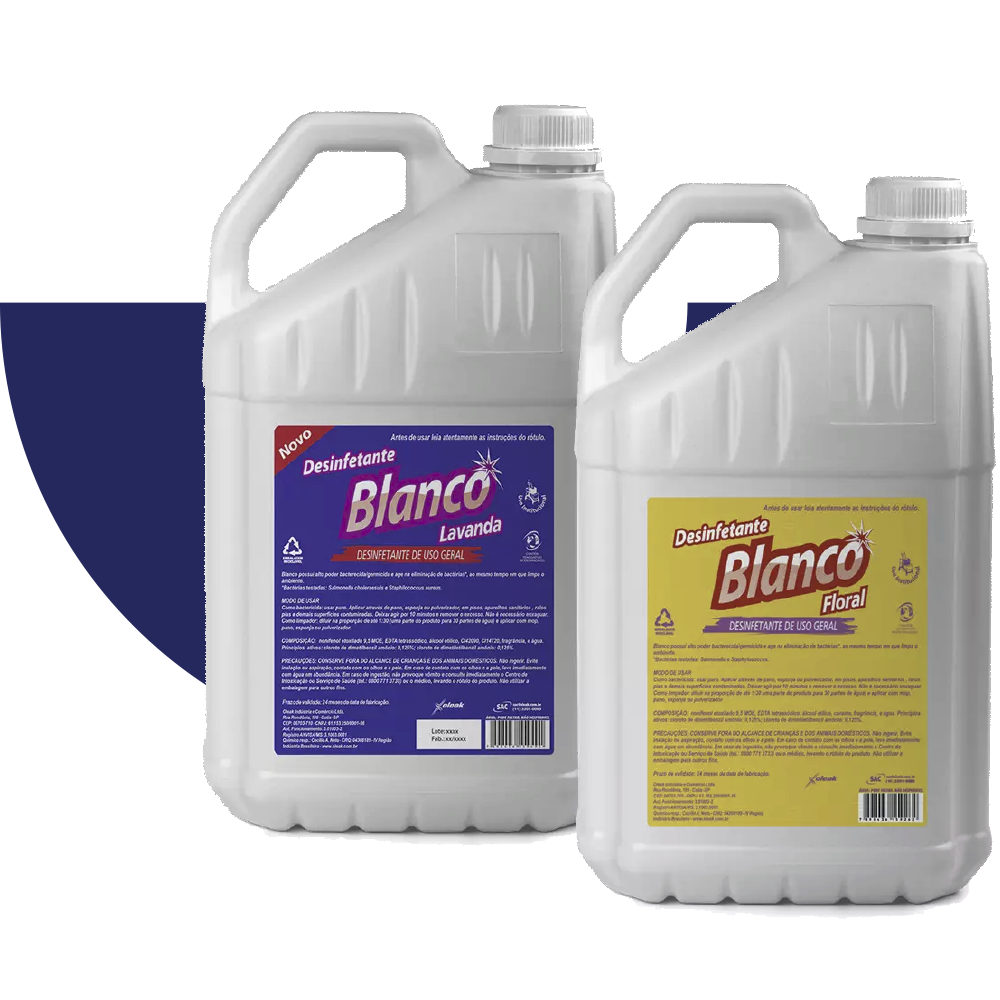 Blanco é um desinfetante com alto poder germicida, que age rapidamente na eliminação de bactérias, ao mesmo tempo que limpa e perfuma os ambientes.